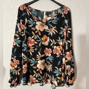 Women’s Lilypad Long Sleeve Tropical Floral Peasant Top Blouse Size 2X NWT